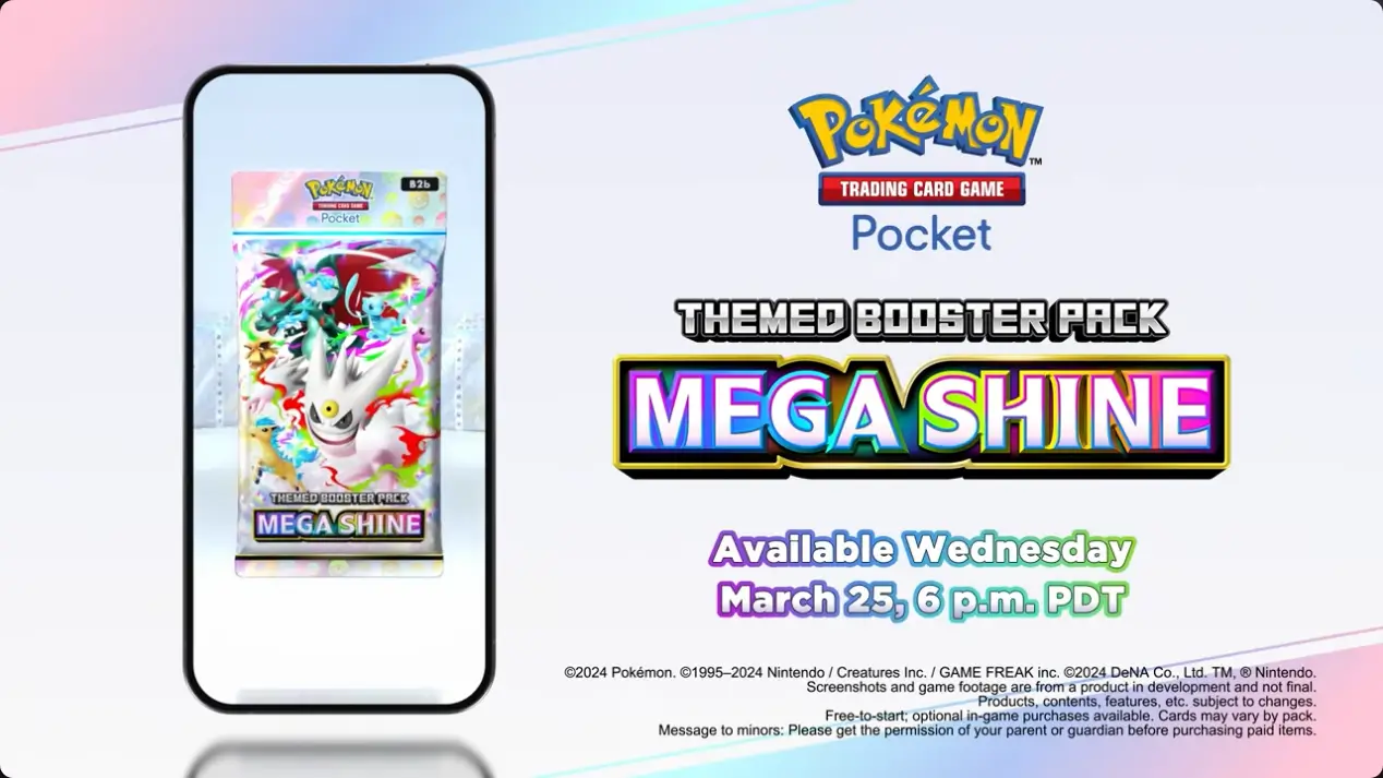 Pokémon TCG Pocket Themed Booster Pack Mega Shine disponible 25 marzo trailer oficial