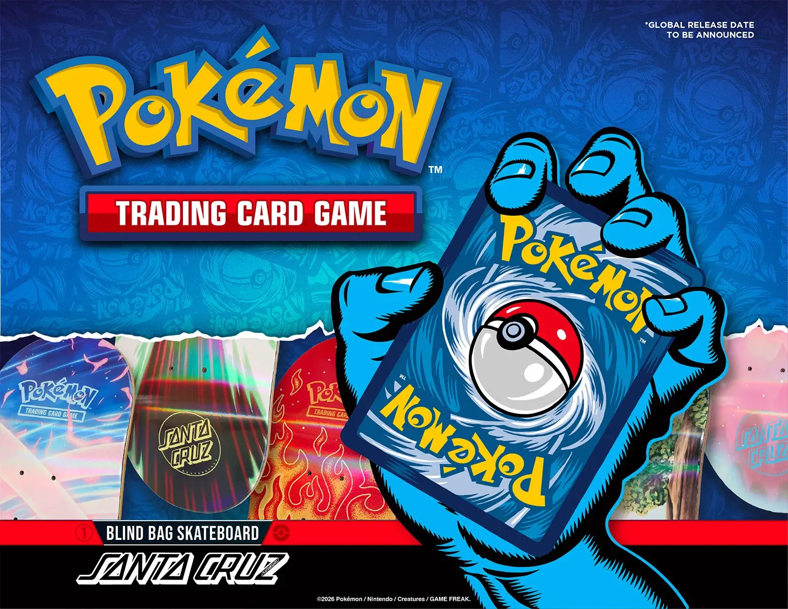 Pokémon Trading Card Game x Santa Cruz Skateboards blind bag skateboard colaboración oficial 2026