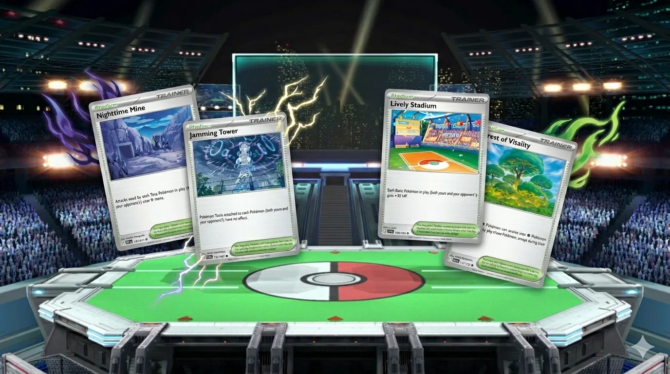 Cartas de estadio TCG —Pokémon TCG cartas Stadium Nighttime Mine Jamming Tower Lively Stadium Forest of Vitality