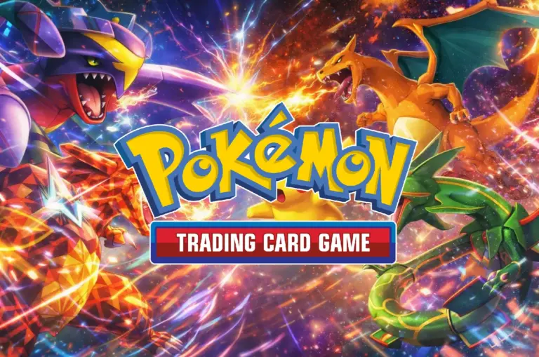 Pokémon Trading Card Game logo oficial con Roaring Moon Charizard Pikachu y Rayquaza en batalla épica