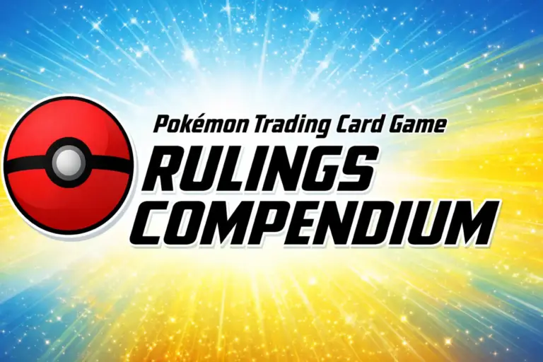 Pokémon Trading Card Game Rulings Compendium logo oficial con Pokébola sobre fondo de destellos azul y amarillo