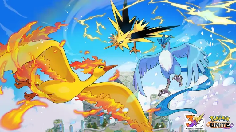 Pokémon UNITE 30 aniversario Articuno Zapdos y Moltres pájaros legendarios de Kanto volando en el cielo