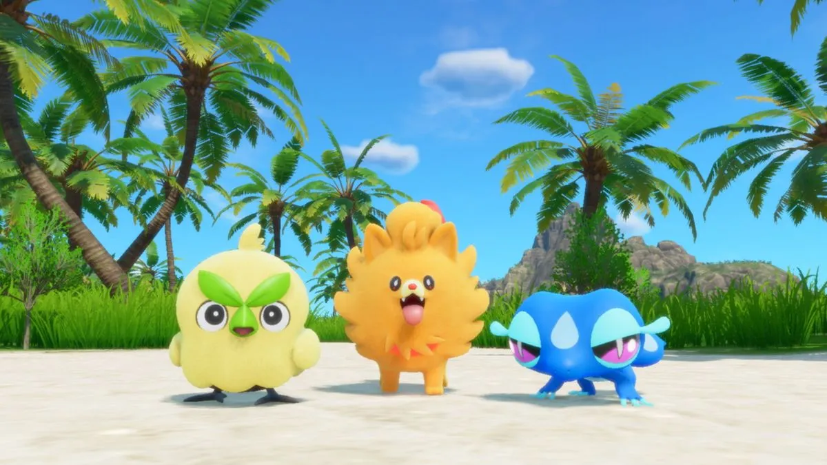 Tres nuevos Pokémon iniciales de Pokémon Winds y Waves tipo planta fuego y agua en isla tropical