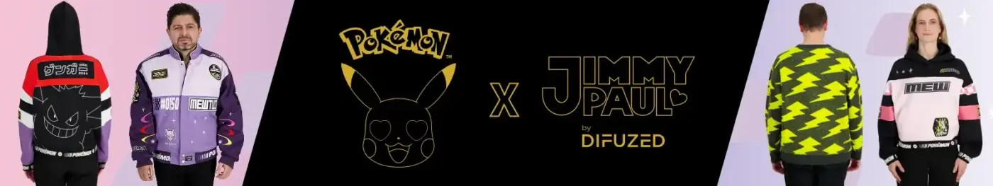 Pokémon x Jimmy Paul by Difuzed colección de moda con chaquetas de Gengar Mewtwo Mew y suéter de rayos Pikachu
