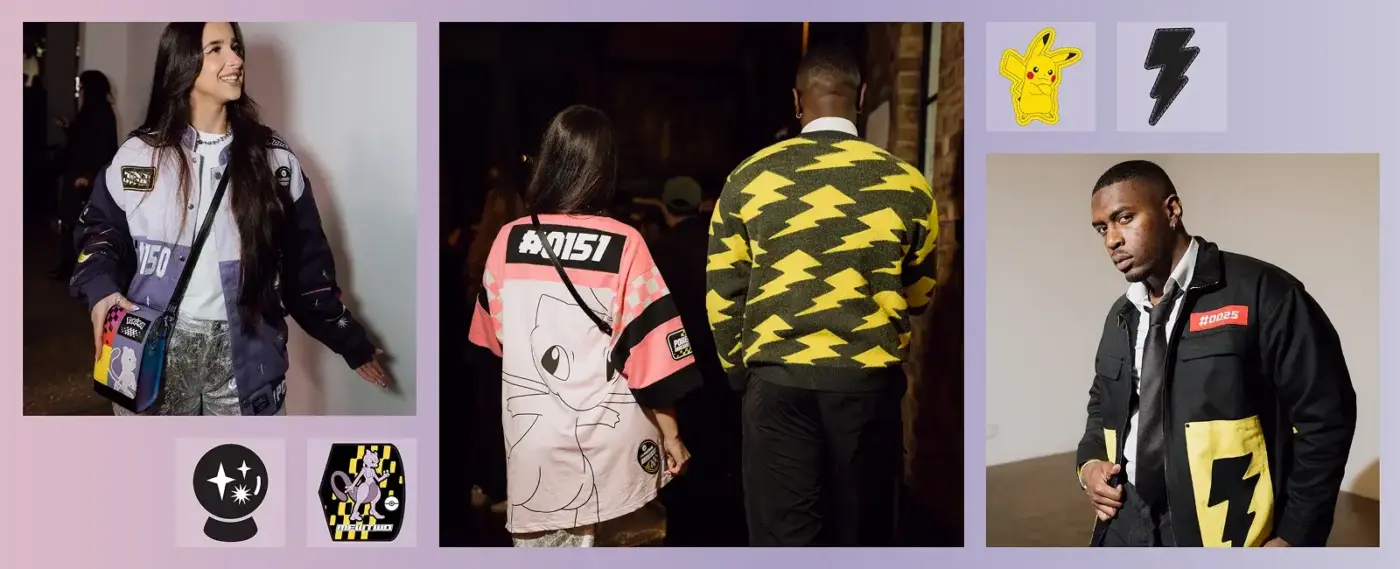 Influencers usando colección Pokémon x Jimmy Paul chaqueta Mewtwo camiseta Mew número 0151 y suéter rayos amarillos