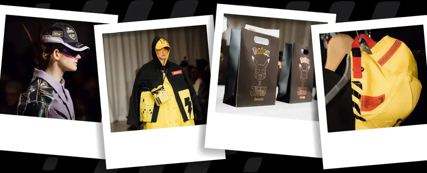 Pokémon x Jimmy Paul by Difuzed desfile runway con modelos en look Pikachu amarillo bolsas negras coleccionables y mochila Pikachu