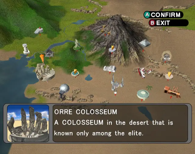 Mapa región Orre Pokémon XD Gale of Darkness GameCube con Orre Colosseum seleccionado