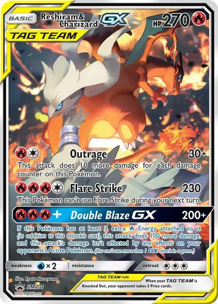 Reshiram y Charizard GX SM201 TAG TEAM carta Pokémon TCG tipo fuego 270 HP ataque Double Blaze GX 200