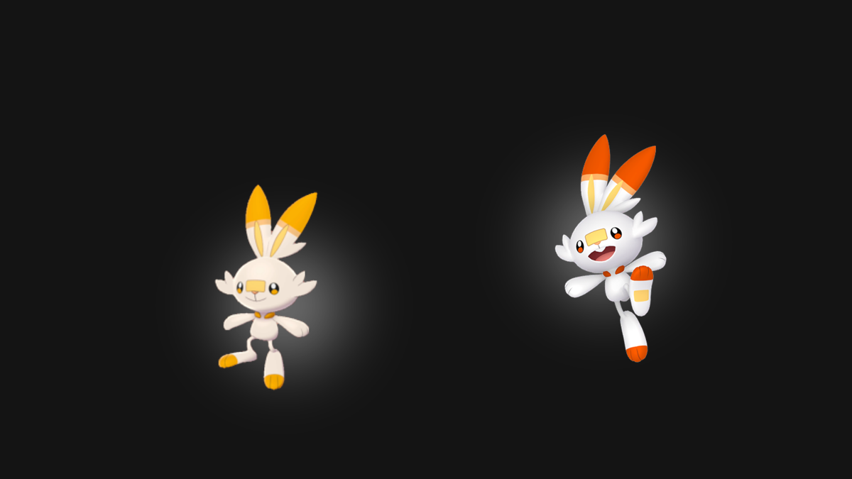 Scorbunny normal y shiny comparación modelos 3D Pokémon GO fondo negro Community Day marzo 2026