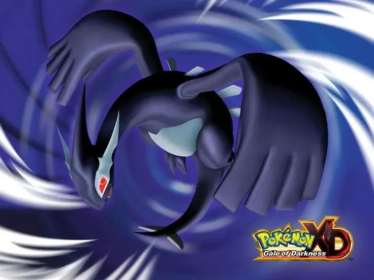 Shadow Lugia arte oficial Pokémon XD Gale of Darkness GameCube 2005 con ojos rojos y aura oscura