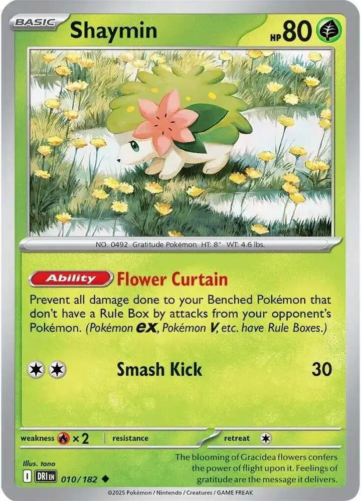 Shaymin 010/182 carta Pokémon TCG tipo planta Basic habilidad Flower Curtain protege banca set Destined Rivals