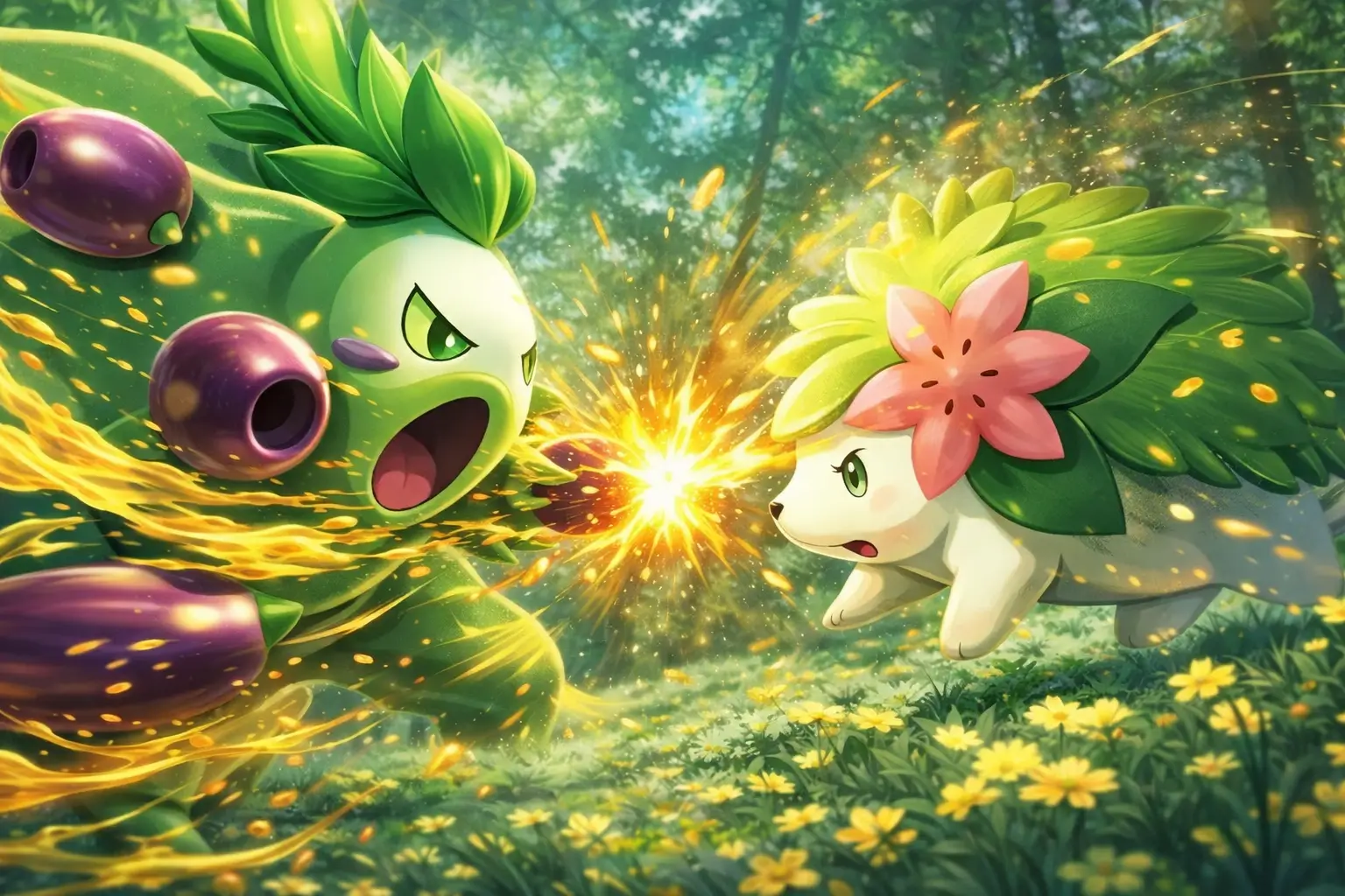 arboliva atacando a Shaymin en batalla Pokémon arte digital en bosque con destellos dorados y aceitunas