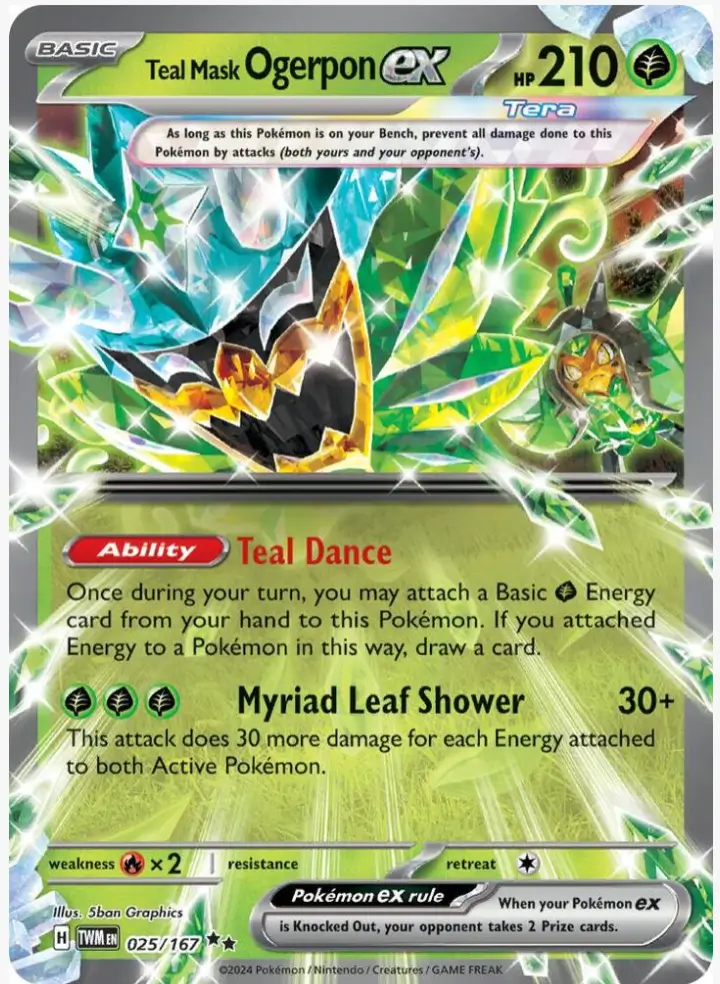 Teal Mask Ogerpon ex 025/167 carta Pokémon TCG Tera tipo planta habilidad Teal Dance ataque Myriad Leaf Shower