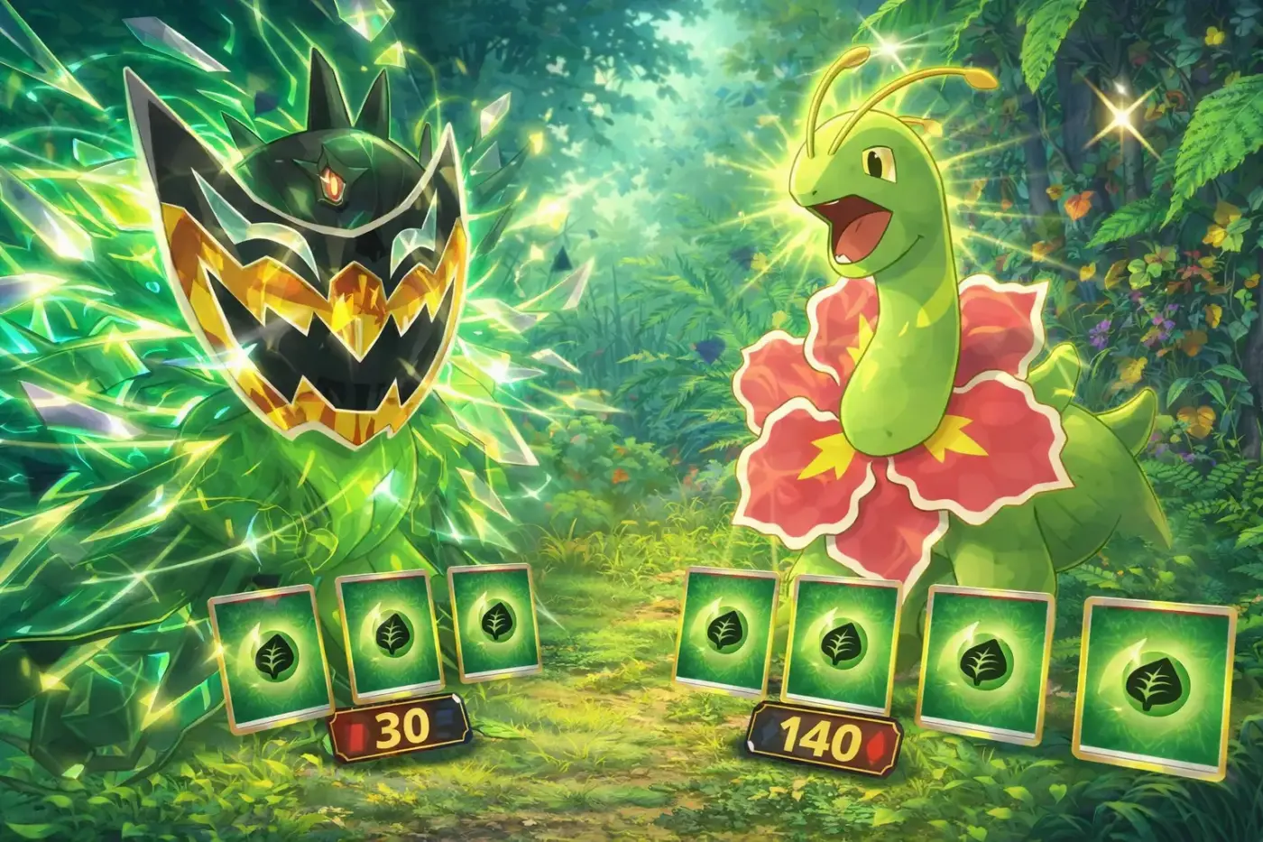 Teal Mask Ogerpon ex con 30 HP vs Meganium con 140 HP batalla Pokémon TCG Live con energías planta