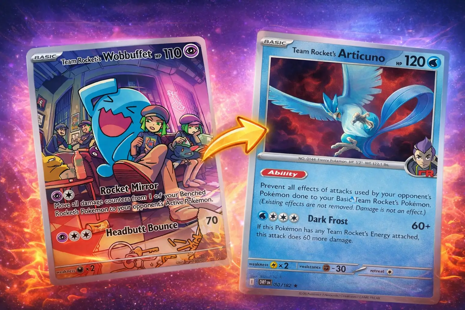 Team Rocket's Wobbuffet SVP EN 203 y Team Rocket's Articuno DRI EN 051/182 cartas Pokémon TCG comparativa