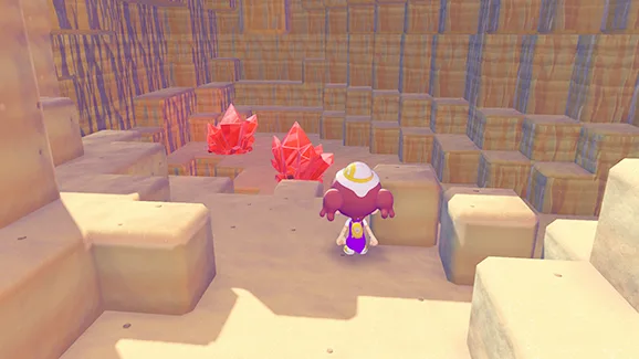 Sableye Pokopia Gem Hunt-Escenario videojuego personaje cristales rojos