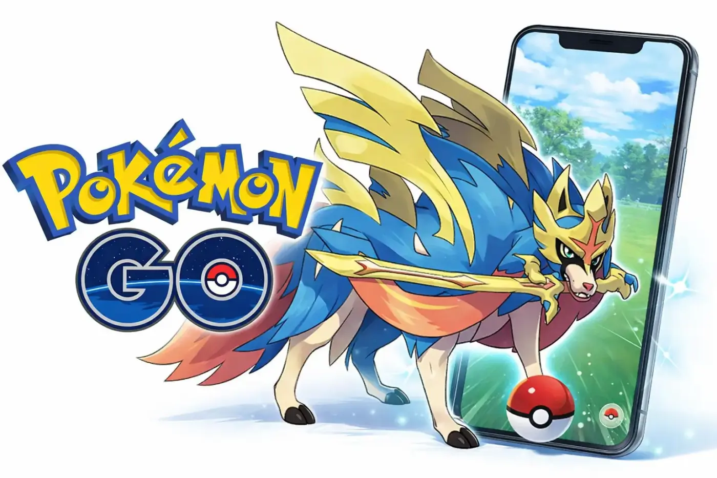 Zacian Forma Coronada en Pokémon GO con espada dorada logo oficial y pantalla de captura AR