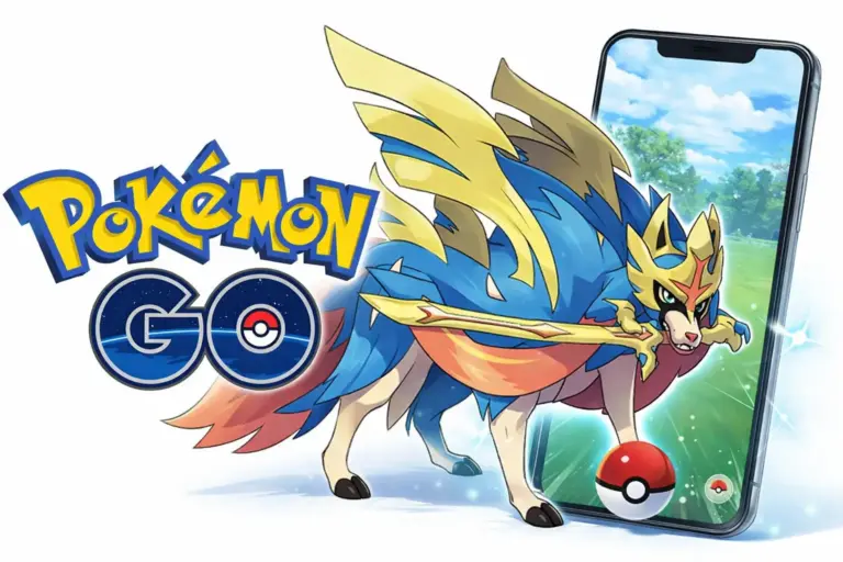 Zacian Forma Coronada en Pokémon GO con espada dorada logo oficial y pantalla de captura AR