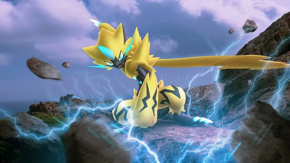 Zeraora Pokémon legendario eléctrico Pokémon GO arte oficial en acantilado con rayos azules cielo tormentoso